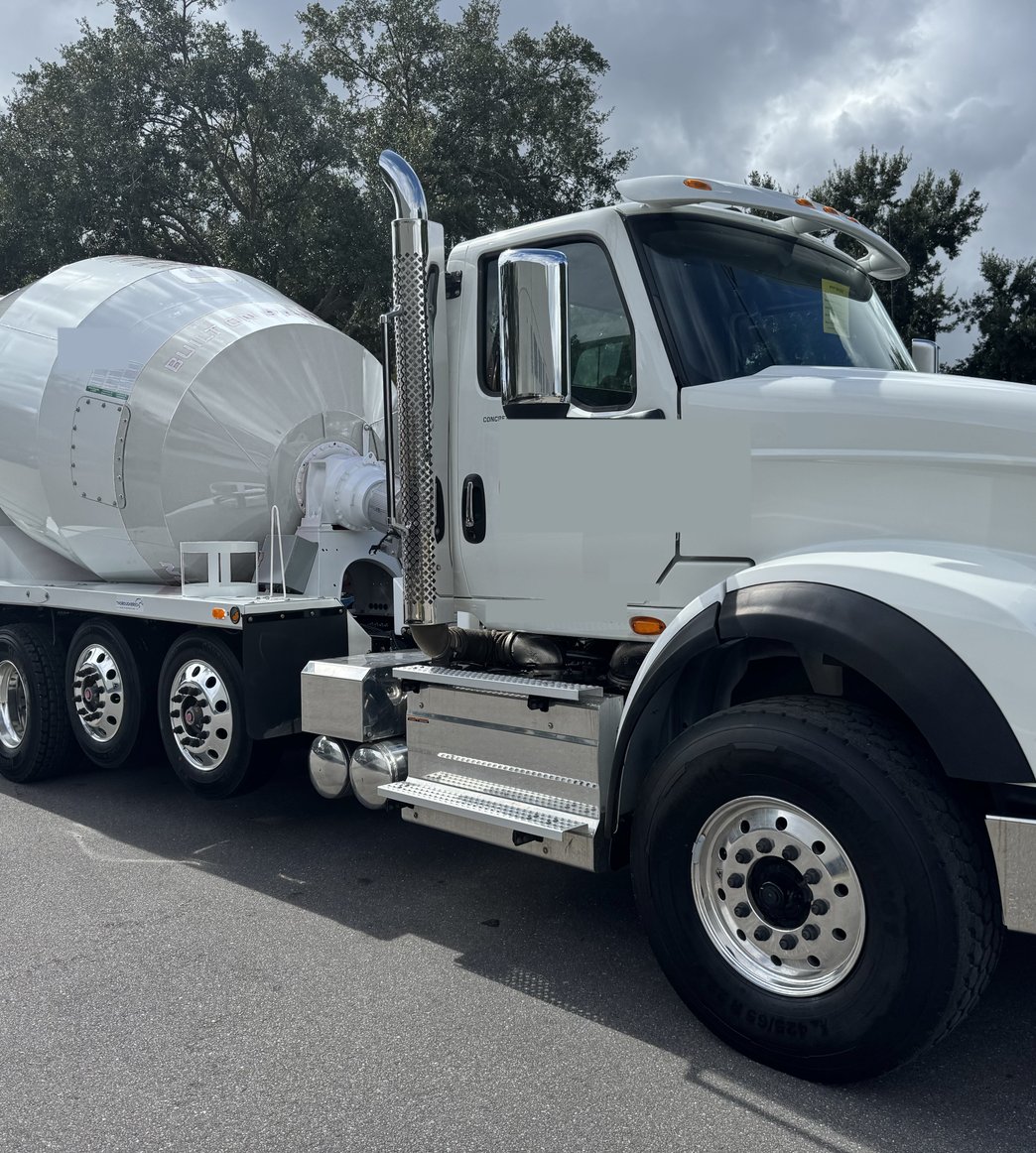 A concrete mixer truck