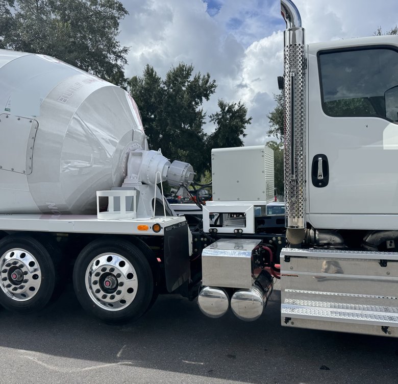 A close-up view of a concrete mixer drum