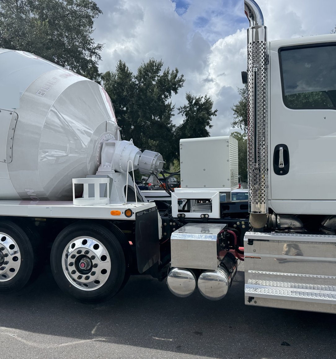 A white mixer truck with a concrete mixer drum